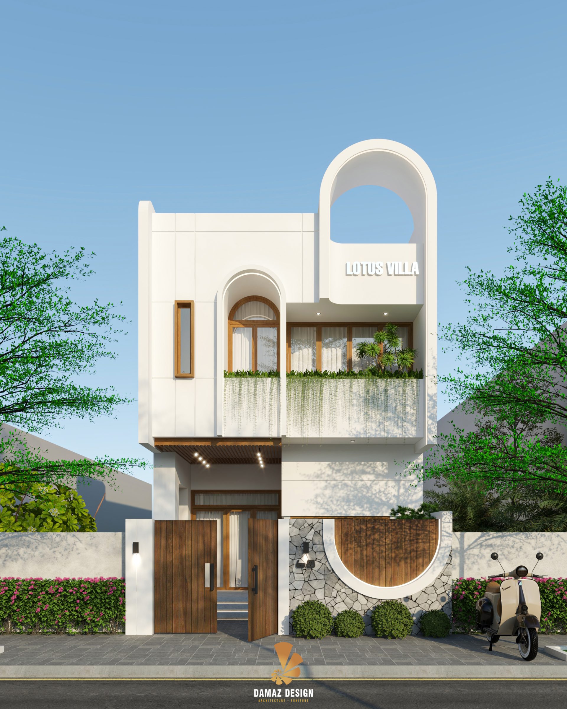 Nhà 2 tầng phong cách Soft Modern với đường nét mềm mại và ban công xanh