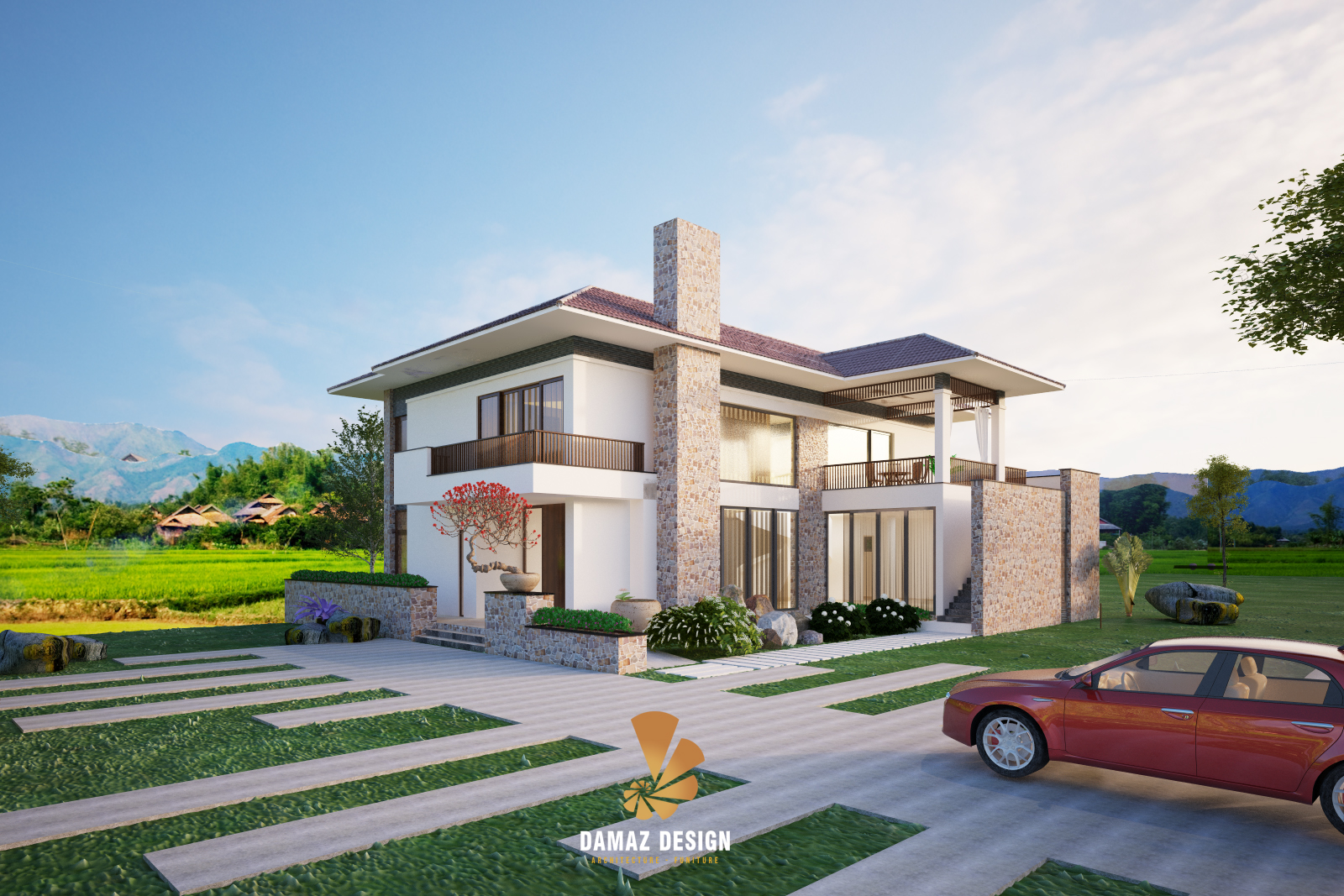 Thiết kế nhà 2 tầng có sân vườn xanh gần gũi thiên nhiên